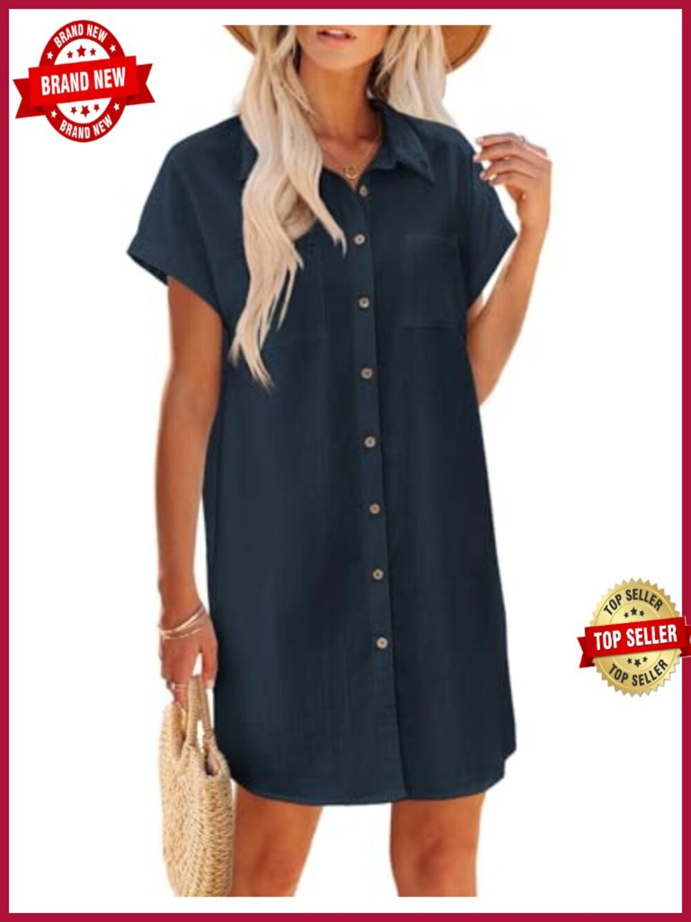 Women's Linen Blend Button Down Mini Dress Short Sleeve V-Neck Cotton Casual